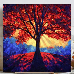 Herbstbaum Wandkunst, Sonnenuntergang Walddruck, Naturlandschaftsplakat, rustikale Wanddekoration, saisonales Hausgeschenk, Plakat oder Leinwand, digitale Wandkunst