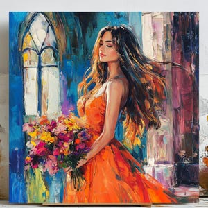 オレンジ色のドレスを着た女性のアート、花束のプリント、ファッションウォールアート、女性の肖像画アート、モダンウーマンアート、エレガントな壁装飾、花束のアートプリント