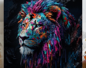 Arte mural de león colorido, lienzo o póster, decoración de pared de animales, pintura de león, decoración moderna del hogar, arte mural de safari para guardería, diseño vibrante de león