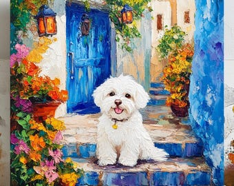 May include: Oil painting of a white dog sitting on blue steps in front of a blue door. The scene is set in a Mediterranean-style courtyard, with colorful flowers and lanterns.