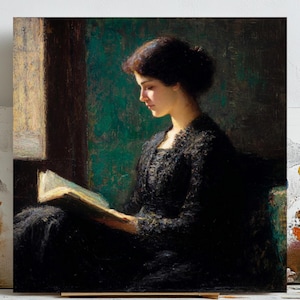 Victorian Woman Reading Bookish Wall Art Print , Dark Academia Decor, Librariancore Wall Art, Moody Reading Nook Painting, Book Lover Gift
