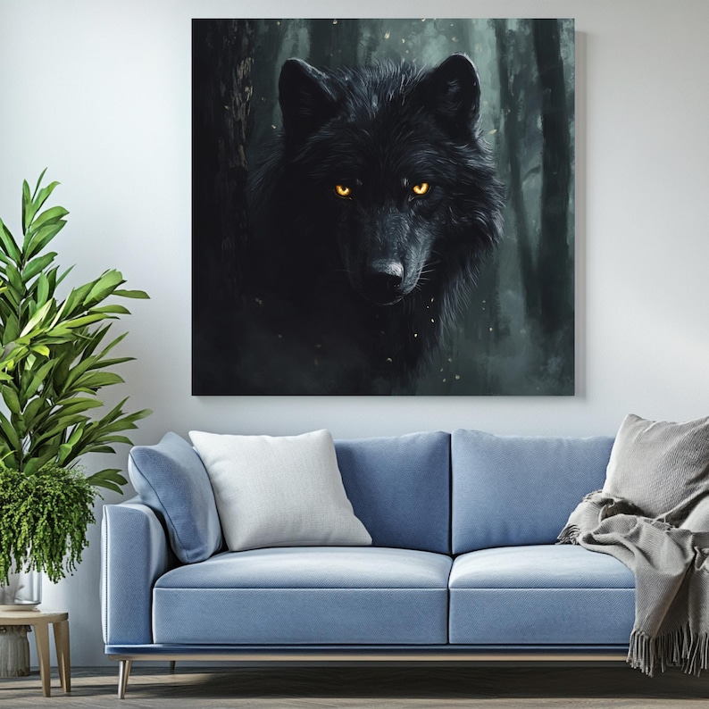 May include: A canvas print featuring a black wolf with piercing yellow eyes, set against a dark forest backdrop. The artwork has a realistic style, with detailed fur and a sense of depth. The wolf is the focal point, creating a dramatic and captivating image.