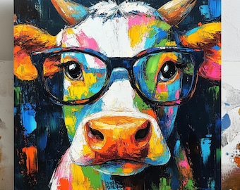 Cow With Glasses Wall Art, Canvas or Poster, Cow Wall Decor, Farmhouse Home Decor, Highland Cow Print, Funny Cow Art, Rustic Cow Decor