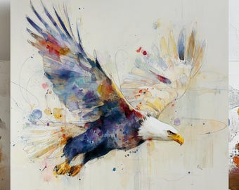 鷲の壁アート 飛ぶ白頭鷲の水彩画 猛禽類のプリント 茶色の鷲の絵画