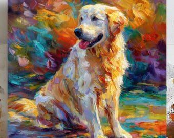 May include: An oil painting of a Golden Retriever dog sitting with its tongue out. The dog has a cream-colored coat and is set against a vibrant background of blues, oranges, and greens. The artwork is a colorful, impressionistic style.