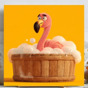 Funny Flamingo in Tub Print: Whimsical Bathroom Wall Art