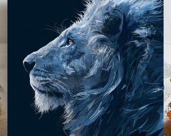 Arte mural de león azul, lienzo o póster, impresión de león, arte mural de safari, decoración de león majestuoso, decoración de animales de la selva, arte de animales salvajes, arte mural de cabaña