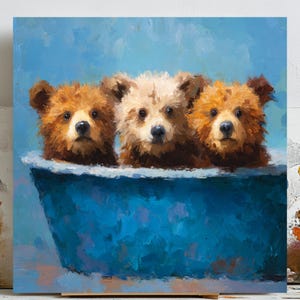 Three Bears in Bathtub Print: Whimsical Nursery or Bathroom Wall Art