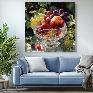 May include: A still life painting of a crystal bowl filled with red apples, pears, and green and purple grapes. The bowl sits on a reflective surface, with green leaves in the background. Two cherries are in front of the bowl.