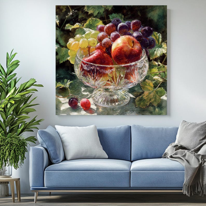May include: A still life painting of a crystal bowl filled with red apples, pears, and green and purple grapes. The bowl sits on a reflective surface, with green leaves in the background. Two cherries are in front of the bowl.