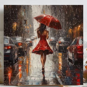 Girl With Umbrella Wall Art, Canvas Or Poster, Rainy Day Decor, Woman With Umbrella Art, Living Room Decor, Rain Wall Hangings, Rainy Street