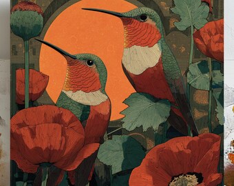 Hummingbird Wall Art, Canvas or Poster, Colorful Floral Bird Illustration, Botanical Nature Print, Modern Living Room or Bedroom Wall Decor