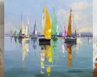 Arte de parede colorida de veleiro, tela ou pôster, decoração de parede náutica, pintura oceânica, decoração de parede de barco, decoração de casa costeira, arte de vela