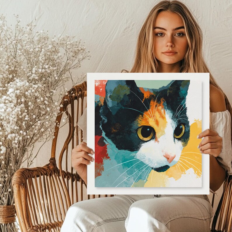 May include: Square art print with a colourful cat portrait. The cat's face is rendered in black, orange, white, and yellow. The artwork has a watercolour style, with visible brushstrokes and a soft, artistic aesthetic.