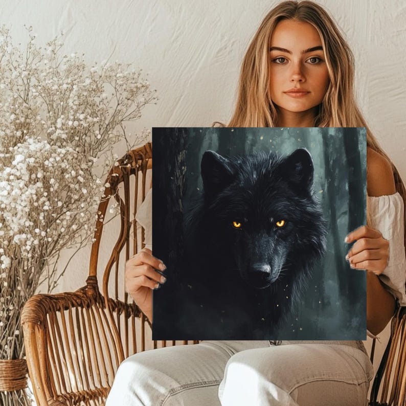 May include: A square print featuring a black wolf with glowing yellow eyes, set against a dark forest backdrop. The artwork has detailed fur and a realistic style, creating a striking contrast. The print is held by a person.