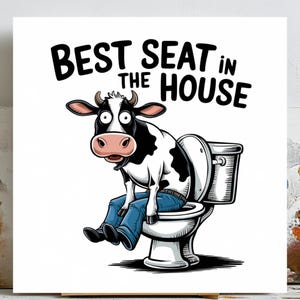 Funny Cow Bathroom Print: Farmhouse Toilet Canvas Art