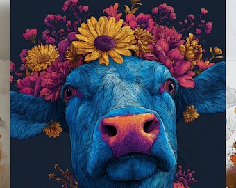 Floral Cow Wall Art, Canvas Or Poster, Modern Decor, Colorful Animal Decor, Living Room Wall Art, Home Decor, Cow Wall Hanging, Cow Art