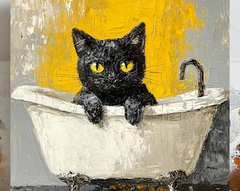 Black Cat In Bathtub, Canvas Or Poster, Modern Wall Art, Animal Decor, Bathroom Decor, Living Room Decor, Cat Wall Hanging, Cat Lover Art
