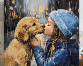 Girl and Dog Art, Canvas or Poster, Pet Art, Kids Room Decor, Animal Decor, Bedroom Art, Living Room Art, Cute Wall Art, Gift For Dog Lovers