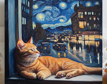 Starry Night Tabby Cat Print: Van Gogh Style Wall Art