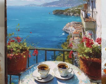 May include: Oil painting of a coastal Italian scene. Two cups of coffee sit on a small table on a balcony overlooking the sea. Red flowers in terracotta pots frame the view. The painting captures the vibrant blue of the water and sky.