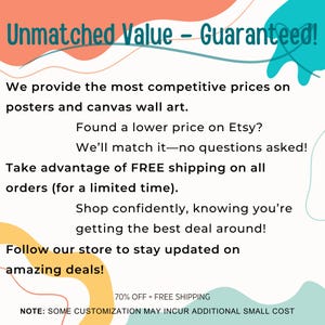 May include: A promotional graphic with the text "Unmatched Value - Guaranteed!" against a colourful abstract background. The text highlights competitive prices on posters and canvas art, price matching, and free shipping.