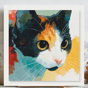 May include: A vibrant cat portrait on a white background. The cat's fur is a mix of black, orange, and white, with striking yellow eyes and a pink nose. The artwork features bold brushstrokes and a bright colour palette.