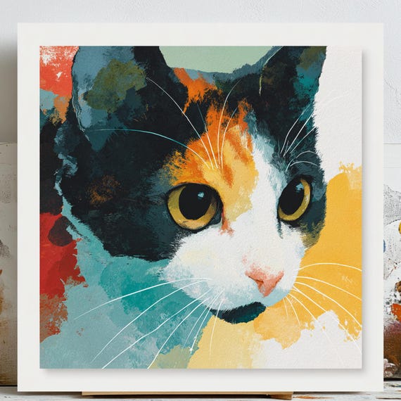Colorful Calico Cat Wall Art, Modern Abstract Cat Canvas Or Poster, Vibrant Pet Painting,Whimsical Animal Decor,Gift for Cat Lovers,Home Art