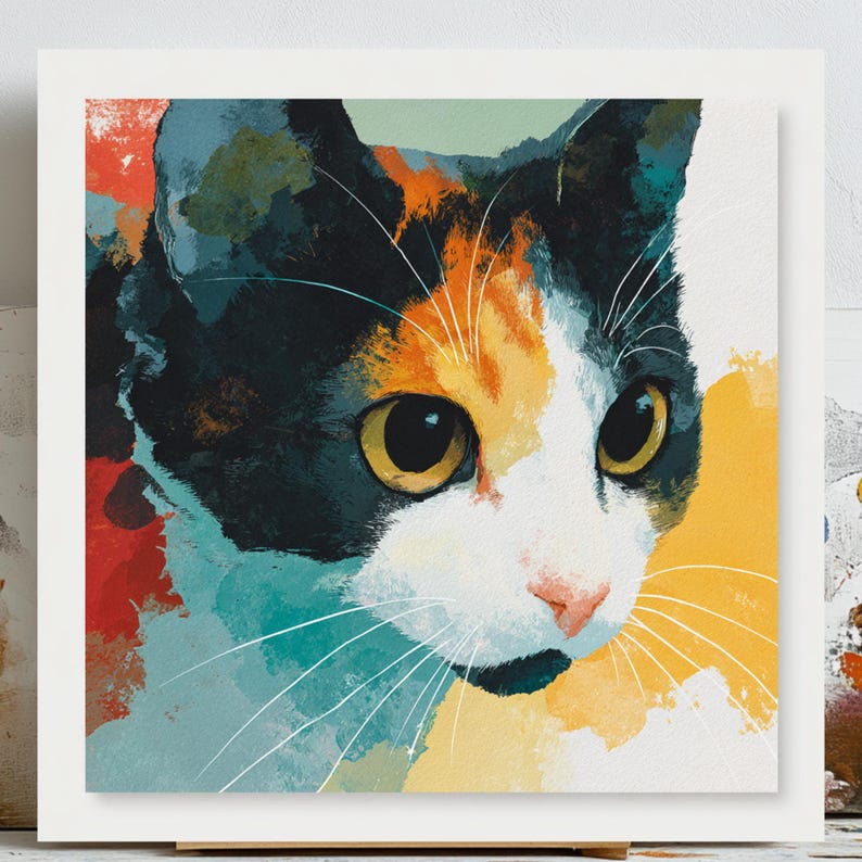 May include: A vibrant cat portrait on a white background. The cat's fur is a mix of black, orange, and white, with striking yellow eyes and a pink nose. The artwork features bold brushstrokes and a bright colour palette.