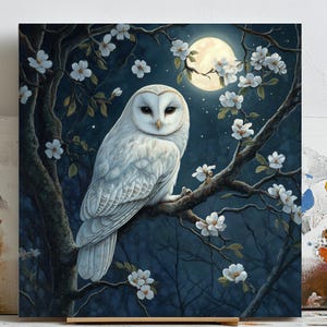 White Owl Wall Art, Canvas Or Poster, Animal Decor, Modern Wall Art, Contemporary Design, Whimsical Owl Art, Living Room Decor, Home Decor image 1