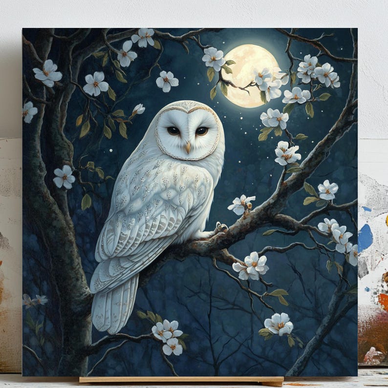 White Owl Wall Art, Canvas Or Poster, Animal Decor, Modern Wall Art, Contemporary Design, Whimsical Owl Art, Living Room Decor, Home Decor image 1