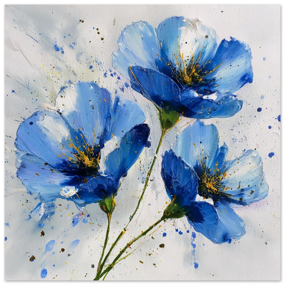 Blue Flower Wall Art, Canvas or Poster, Abstract Floral Oil Painting ...