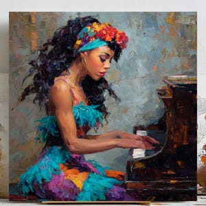 Puede incluir: Pintura al &oacute;leo de una persona tocando el piano. La persona lleva un vestido colorido con plumas azules y una diadema floral. La obra de arte utiliza una paleta de azules, morados, naranjas y marrones, creando una pieza vibrante y expresiva.