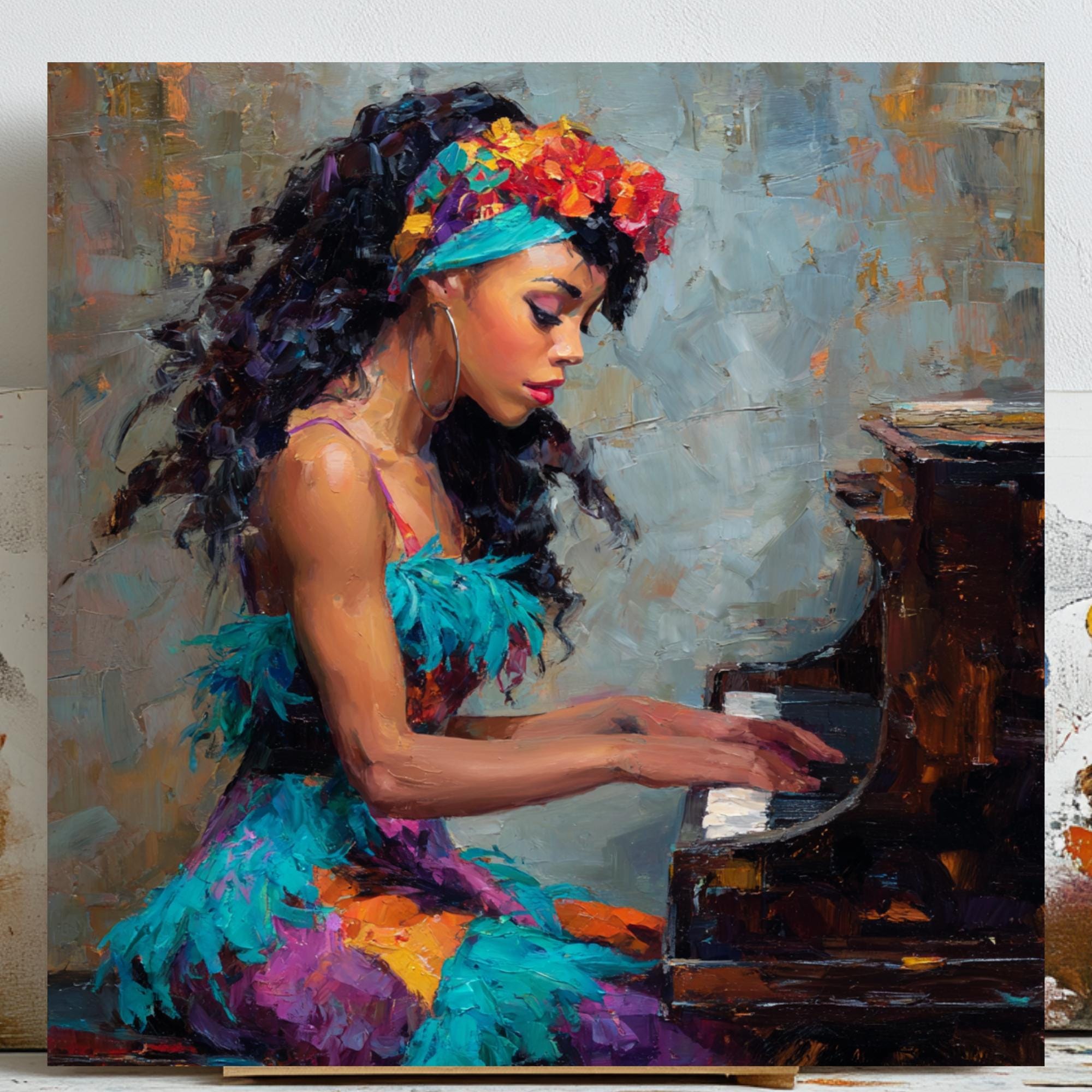 Afrocentric Woman Playing Piano Wall Art, Canvas or Poster, Living