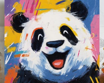 Colorful Panda Wall Art, Canvas Or Poster, Happy Animal Painting, Kids Nursery Decor, Modern Living Room Art, Panda Wall Decor, Panda Print