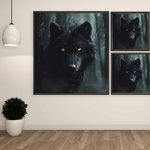 May include: Three framed art prints featuring a black wolf with glowing yellow eyes set against a dark forest background. The wolf's fur is detailed, and the artwork has a moody, atmospheric feel. The prints are displayed on a white wall.