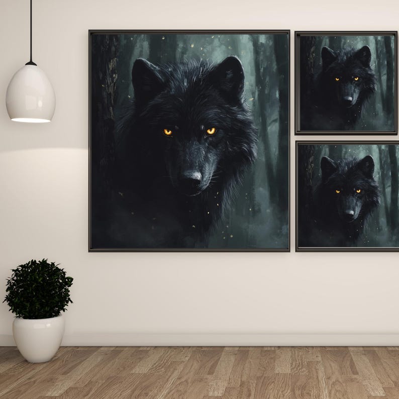 May include: Three framed art prints featuring a black wolf with glowing yellow eyes set against a dark forest background. The wolf's fur is detailed, and the artwork has a moody, atmospheric feel. The prints are displayed on a white wall.