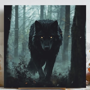 Schwarzer Wolf, dunkler Wald Tierdruck, Wilder Wolf Poster, mystische Wolf-Dekor, druckbare Wolf Kunst, Wilderness Wandkunst, Wohndekor