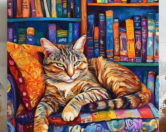 Cozy Cat on Bookshelf Poster: Reading Room Wall Art