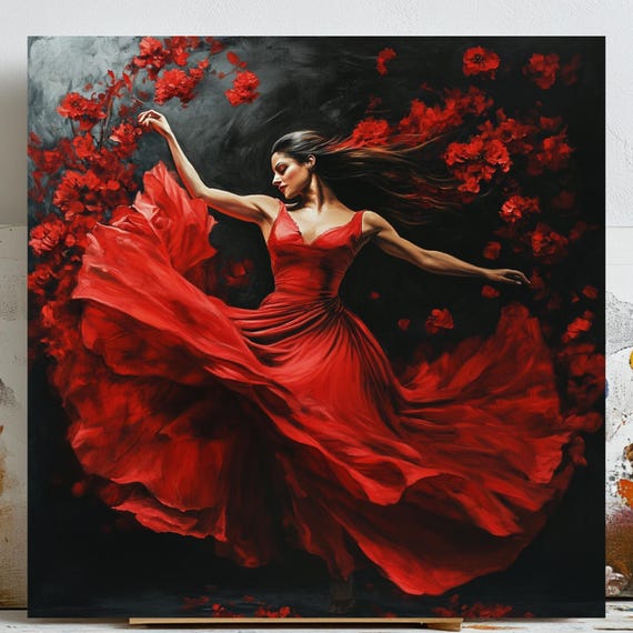 Lady in Red Dress, Canvas or Poster, Dancing Woman Art, Red Dress Wall  Decor, Floral Lady Wall Art, Living Room Decor, Feminine Decor - Etsy
