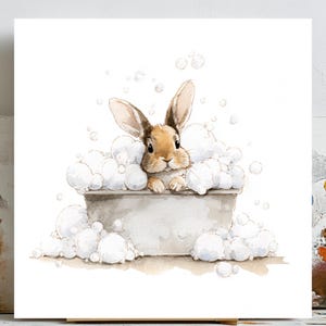 Bunny in Bathtub Print: Funny Rabbit Bathroom Wall Art, Kids Decor, Canvas or Poster