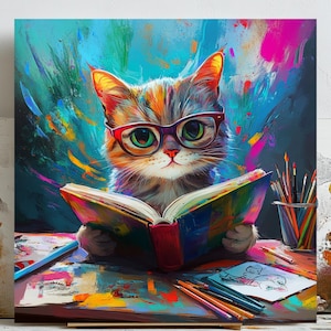 Cat Reading Book Wall Art, Book Lover Gift, Cozy Reading Nook Decor, Literary Cat Print, Cute Pet Wall Art, Library Animal Poster,Home Decor