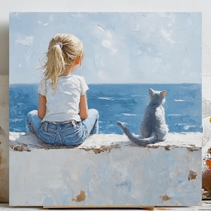 Arte de pared de niña y gato, impresión con vista al mar, póster de playa tranquila, decoración de pared costera, regalo para amantes de los gatos, impresión artística serena, decoración de habitación bohemia