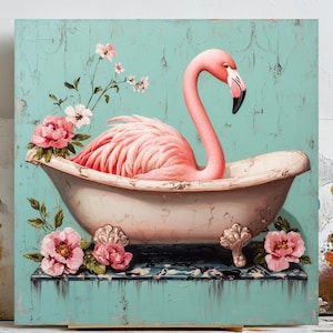 Arte mural de flamenco en la bañera, decoración divertida para el baño, estampado de flamenco rosa, póster de animal peculiar, arte tropical para el baño, arte de flamenco divertido