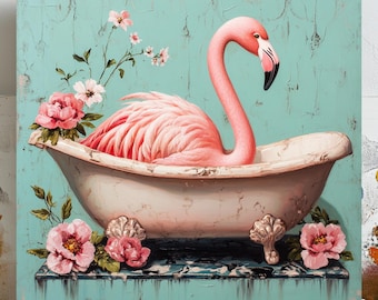 Flamingo in Bathtub Canvas or Poster, Bathroom Wall Art, Whimsical Flamingo Print, Cottagecore Decor, Funny Animal Wall Hanging, Pastel Art