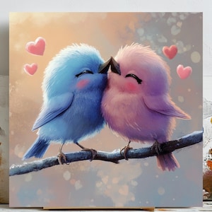 Coppia di uccellini da parete, stampa di uccelli innamorati, poster di uccelli che si baciano, arte di animali carini, decorazione da parete romantica, stampa per camera da letto, regalo per coppie, decorazione per la casa