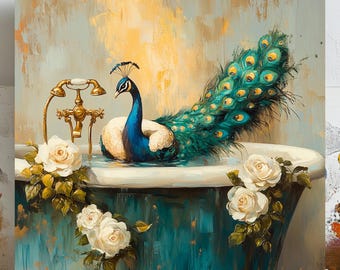 Peacock In Bathtub Art, Canvas or Poster, Elegant Bathroom Wall Art, Whimsical Bird Decor, Teal Gold White Flower Wall Hanging, Home Decor