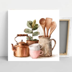 Watercolor Kitchen Wall Art, Vintage Cooking Utensils Print, Rustic Kitchen Decor, Tea Pot And Wooden Spoon Artwork, Farmhouse Home Decor