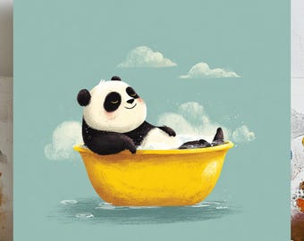 Niedlicher Panda in der Badewanne Wandkunst, Leinwand oder Poster, Badezimmer Wanddekoration, Tier Kunstdruck, Kinderzimmer Wandkunst, entspannende Panda Malerei