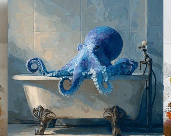 Blue Octopus in Bathtub Wall Art, Canvas or Poster, Funny Bathroom Decor, Nautical Animal Painting, Quirky Coastal Art, Modern Bathroom Art